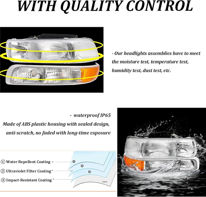 APSVE Chrome Housing Headlights Replacement for 99-02 Chevy Silverado 00-06 Suburban Tahoe, Amber Side Clear Lens - Image 5